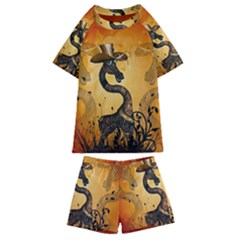 Funny Steampunk Giraffe With Hat Kids  Swim Tee And Shorts Set by FantasyWorld7