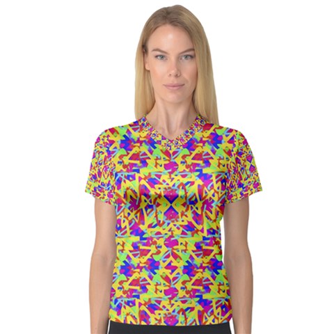 Multicolored Linear Pattern Design V-neck Sport Mesh Tee by dflcprints