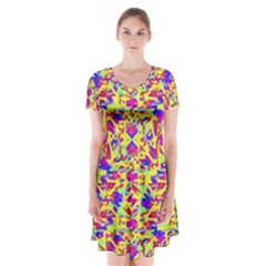 Multicolored Linear Pattern Design Short Sleeve V-neck Flare Dress by dflcprints