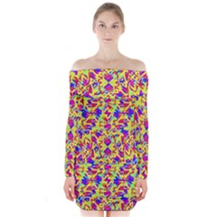 Multicolored Linear Pattern Design Long Sleeve Off Shoulder Dress by dflcprints