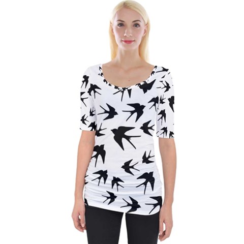 Vintage Birds Pattern Wide Neckline Tee by Valentinaart