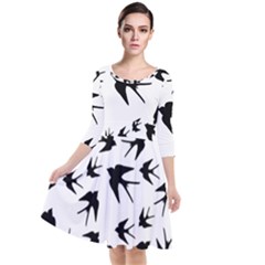 Vintage Birds Pattern Quarter Sleeve Waist Band Dress