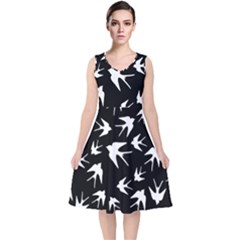 Birds Pattern V-neck Midi Sleeveless Dress  by Valentinaart