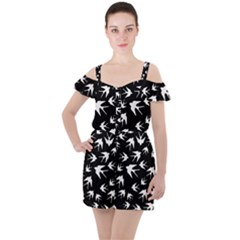 Birds Pattern Ruffle Cut Out Chiffon Playsuit