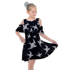 Birds Pattern Kids  Shoulder Cutout Chiffon Dress