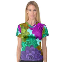 Flowers Stamping Pattern Reason V-neck Sport Mesh Tee