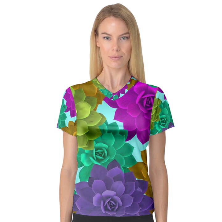 Flowers Stamping Pattern Reason V-Neck Sport Mesh Tee