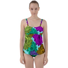 Flowers Stamping Pattern Reason Twist Front Tankini Set by Simbadda