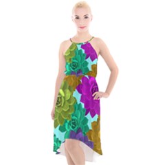 Flowers Stamping Pattern Reason High-low Halter Chiffon Dress 