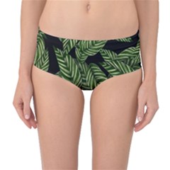 Leaves Black Background Pattern Mid-waist Bikini Bottoms by Simbadda