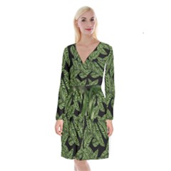 Leaves Black Background Pattern Long Sleeve Velvet Front Wrap Dress by Simbadda