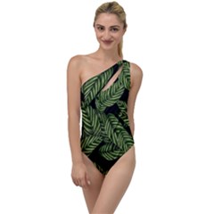 Leaves Black Background Pattern To One Side Swimsuit by Simbadda