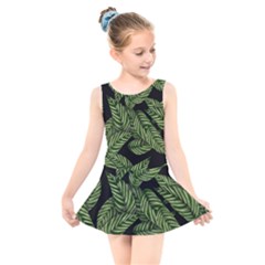 Leaves Black Background Pattern Kids  Skater Dress Swimsuit