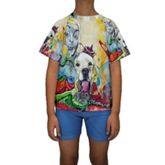 Wall Girl Dog Graphite Street Art Kids  Short Sleeve Swimwear by Simbadda