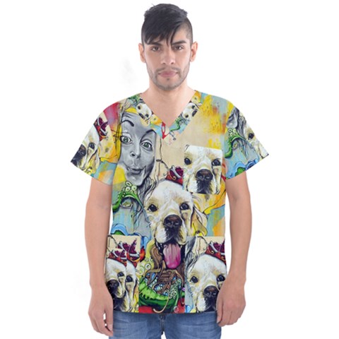 Wall Girl Dog Graphite Street Art Men s V-neck Scrub Top by Simbadda