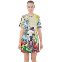 Wall Girl Dog Graphite Street Art Sixties Short Sleeve Mini Dress by Simbadda