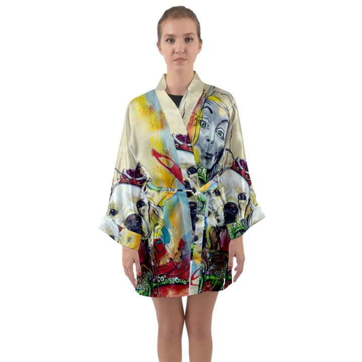 Wall Girl Dog Graphite Street Art Long Sleeve Kimono Robe