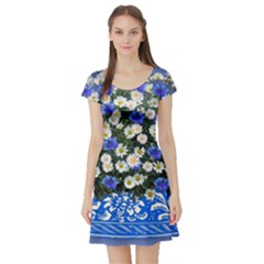 Marguerite Cornflower Vase Blossom Short Sleeve Skater Dress by Simbadda