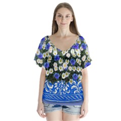 Marguerite Cornflower Vase Blossom V-neck Flutter Sleeve Top