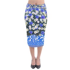 Marguerite Cornflower Vase Blossom Velvet Midi Pencil Skirt by Simbadda