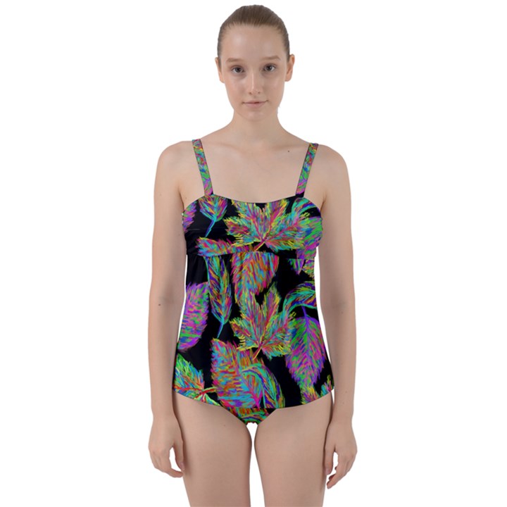 Autumn Pattern Dried Leaves Twist Front Tankini Set