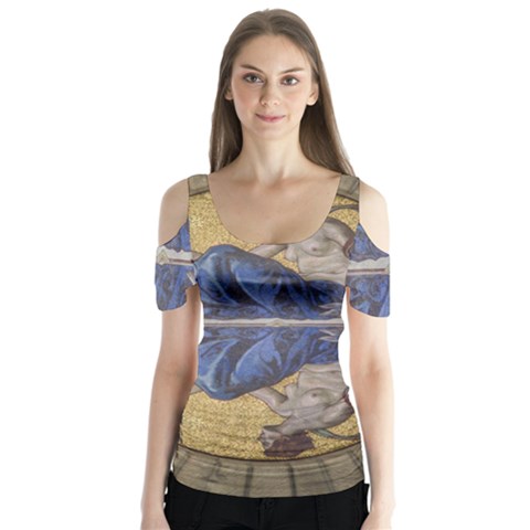 Mosaic Painting Glass Decoration Butterfly Sleeve Cutout Tee  by Simbadda