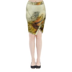 Boat Old Fisherman Mar Ocean Midi Wrap Pencil Skirt by Simbadda