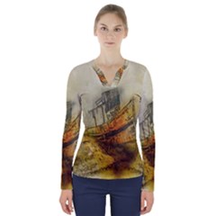 Boat Old Fisherman Mar Ocean V-neck Long Sleeve Top by Simbadda