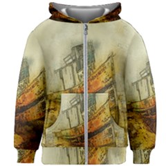 Boat Old Fisherman Mar Ocean Kids Zipper Hoodie Without Drawstring by Simbadda