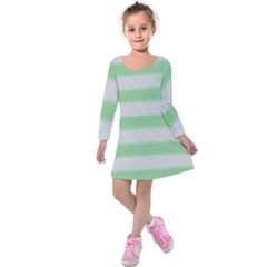 Bold Stripes Soft Green Kids  Long Sleeve Velvet Dress by BrightVibesDesign