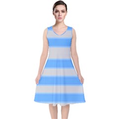 Bold Stripes Bright Blue Pattern V-neck Midi Sleeveless Dress  by BrightVibesDesign