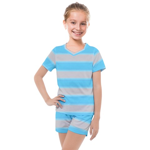 Bold Stripes Turquoise Pattern Kids  Mesh Tee And Shorts Set by BrightVibesDesign