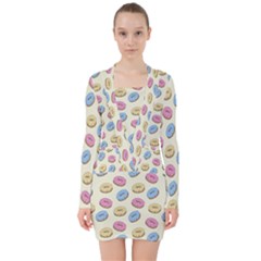 Donuts Pattern V-neck Bodycon Long Sleeve Dress by Valentinaart