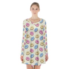 Donuts Pattern Long Sleeve Velvet V-neck Dress