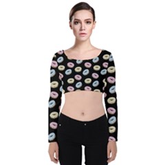 Donuts Pattern Velvet Long Sleeve Crop Top by Valentinaart