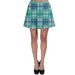 Mod Blue Green Square Pattern Skater Skirt