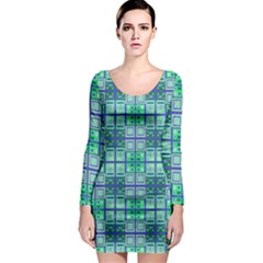 Mod Blue Green Square Pattern Long Sleeve Bodycon Dress by BrightVibesDesign