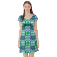 Mod Blue Green Square Pattern Short Sleeve Skater Dress