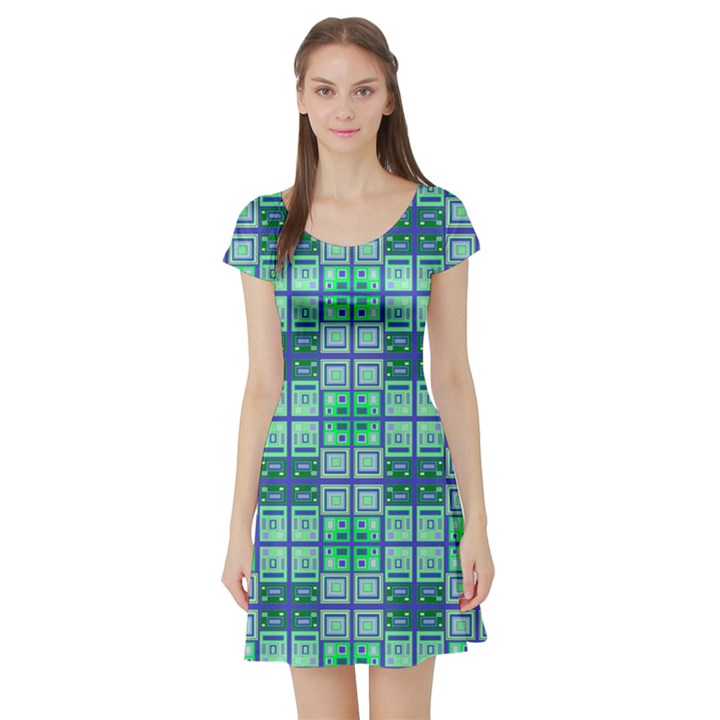 Mod Blue Green Square Pattern Short Sleeve Skater Dress