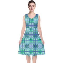 Mod Blue Green Square Pattern V-neck Midi Sleeveless Dress 