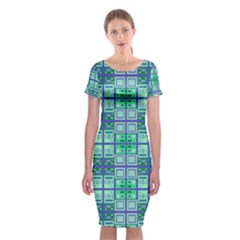 Mod Blue Green Square Pattern Classic Short Sleeve Midi Dress