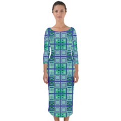 Mod Blue Green Square Pattern Quarter Sleeve Midi Bodycon Dress