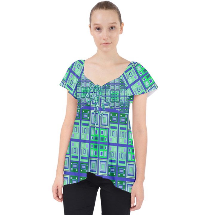 Mod Blue Green Square Pattern Lace Front Dolly Top