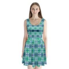 Mod Blue Green Square Pattern Split Back Mini Dress 