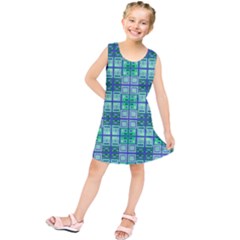 Mod Blue Green Square Pattern Kids  Tunic Dress by BrightVibesDesign