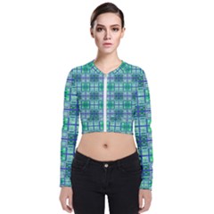 Mod Blue Green Square Pattern Zip Up Bomber Jacket by BrightVibesDesign