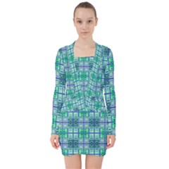 Mod Blue Green Square Pattern V-neck Bodycon Long Sleeve Dress by BrightVibesDesign