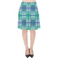 Mod Blue Green Square Pattern Velvet High Waist Skirt