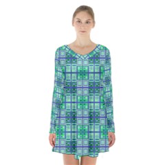 Mod Blue Green Square Pattern Long Sleeve Velvet V-neck Dress