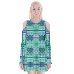 Mod Blue Green Square Pattern Velvet Long Sleeve Shoulder Cutout Dress by BrightVibesDesign